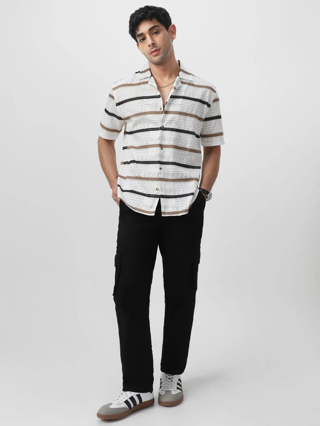 Urbano Fashion Men Cuban Collar Geometric Self Design Cotton Oversized Casual Shirt - Image 4