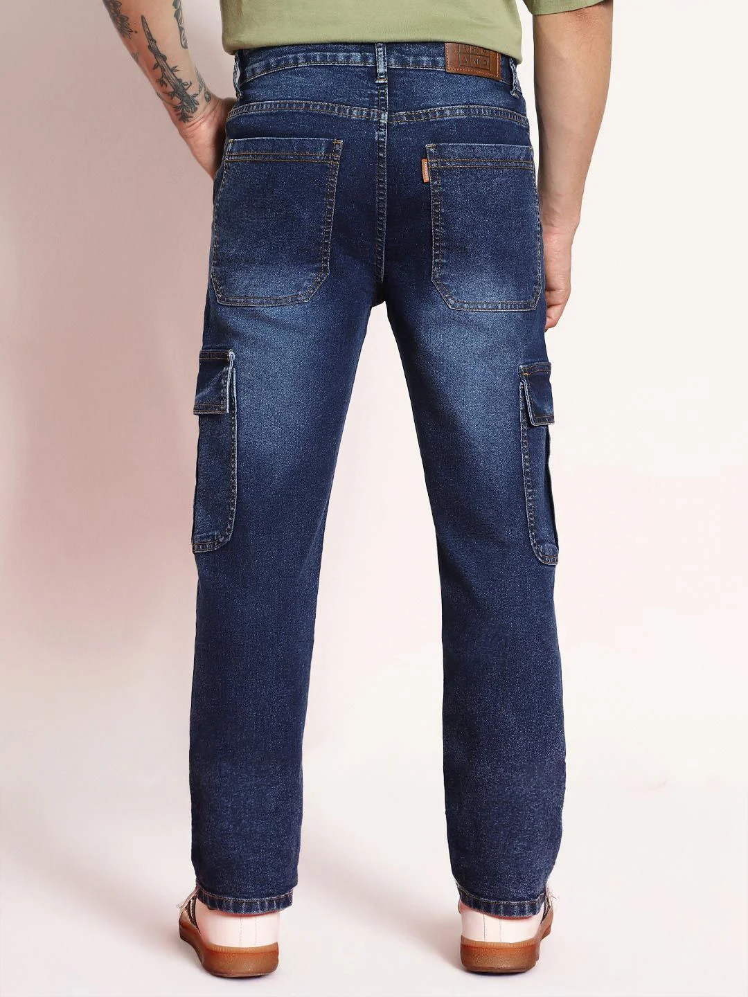 Urbano Fashion Men Dark Blue Regular Fit Washed Cargo Jeans With 6 Pockets Stretchable - Image 3