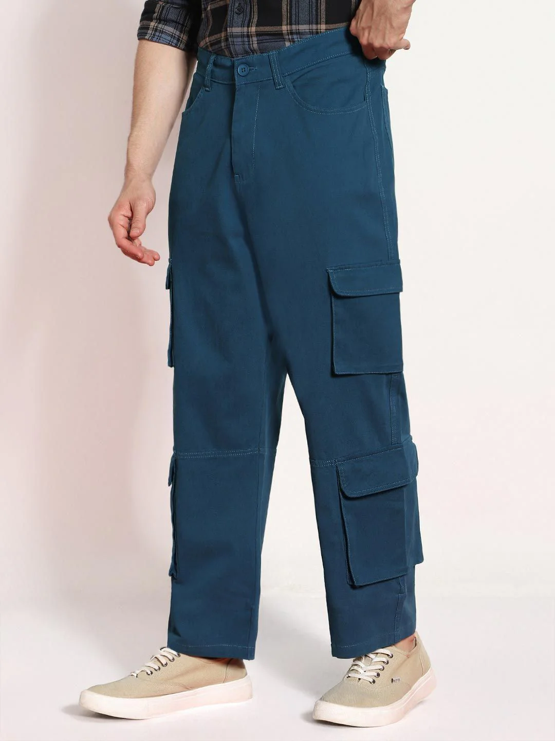 Urbano Fashion Men Denim Blue Stretchable Loose Fit Cargo Chino Pant with 8 Pockets - Image 2