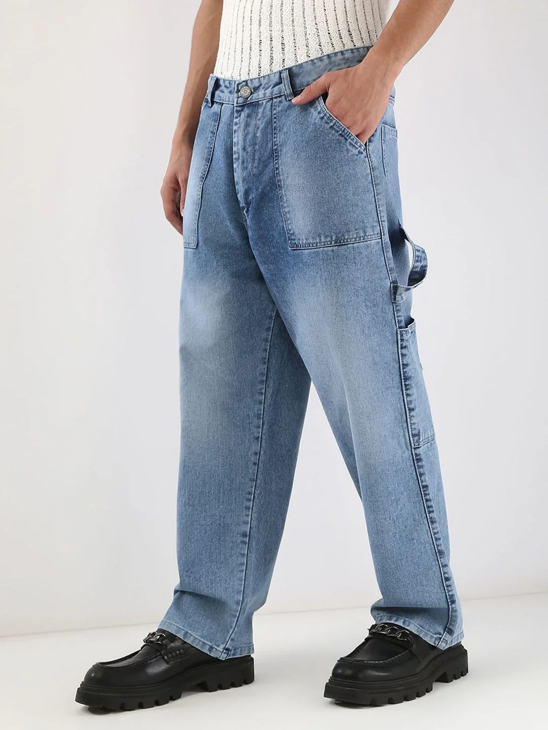 Urbano Fashion Men Light Blue Loose Baggy Fit Carpenter Cargo Jeans - Image 2
