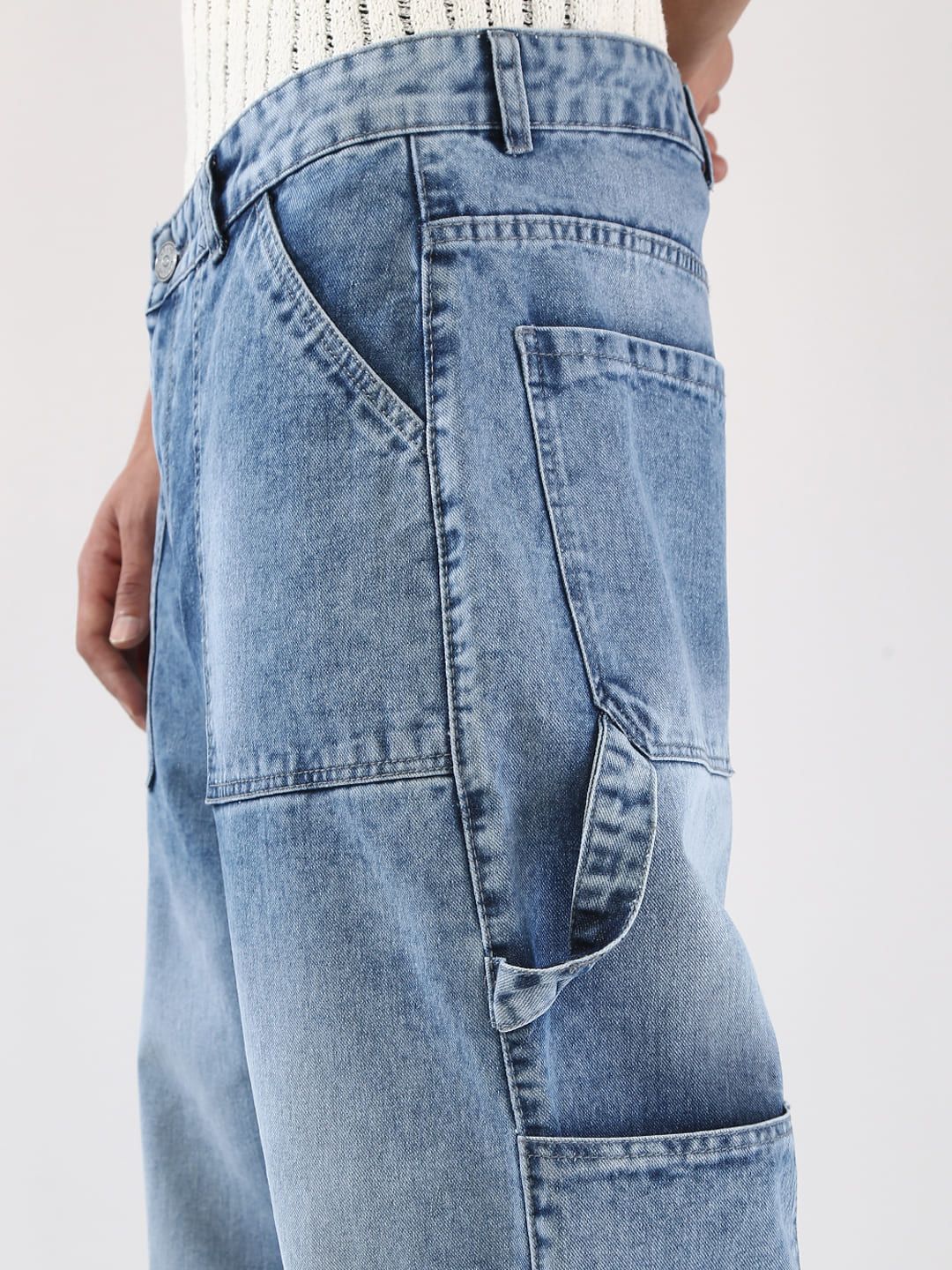 Urbano Fashion Men Light Blue Loose Baggy Fit Carpenter Cargo Jeans - Image 7