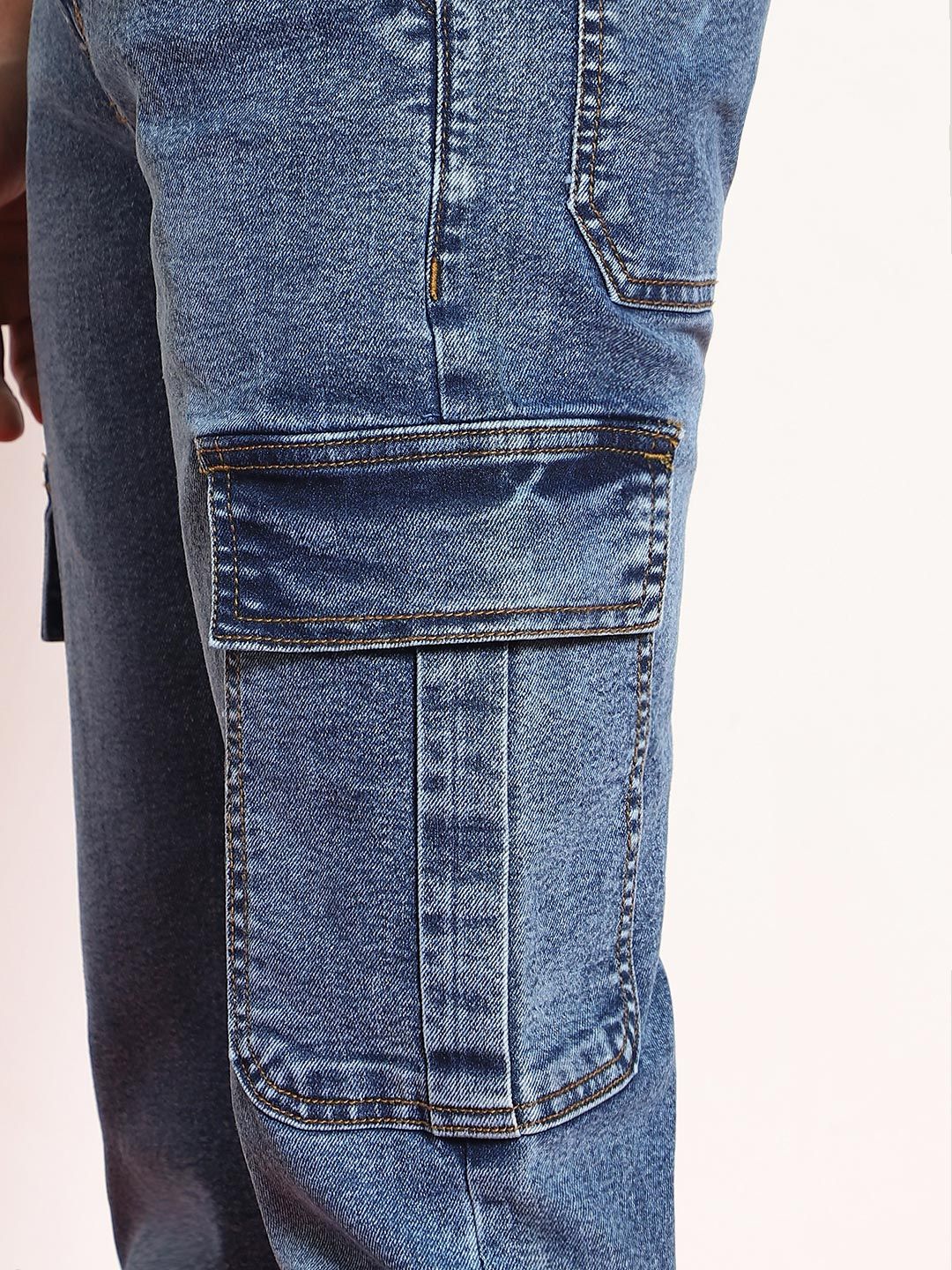 Urbano Fashion Men Light Blue Regular Fit Washed Cargo Jeans With 6 Pockets Stretchable - Image 4