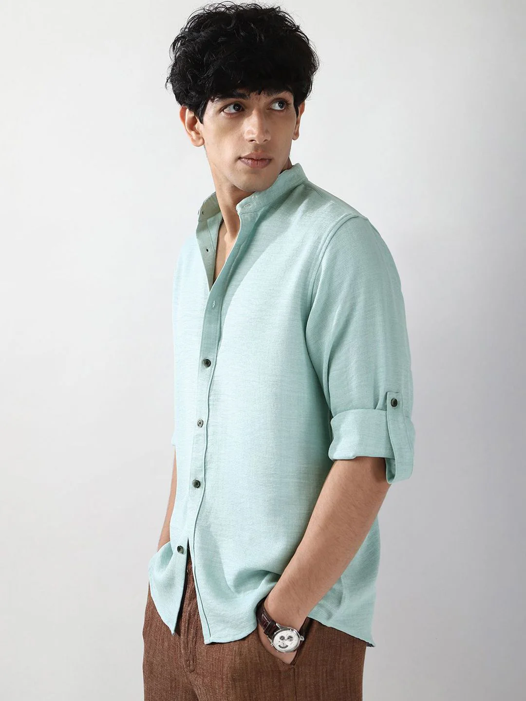Urbano Fashion Men Light Blue Solid Linen Full Sleeve Relaxed Fit Mandarin Collar Casual Shirt - Image 3