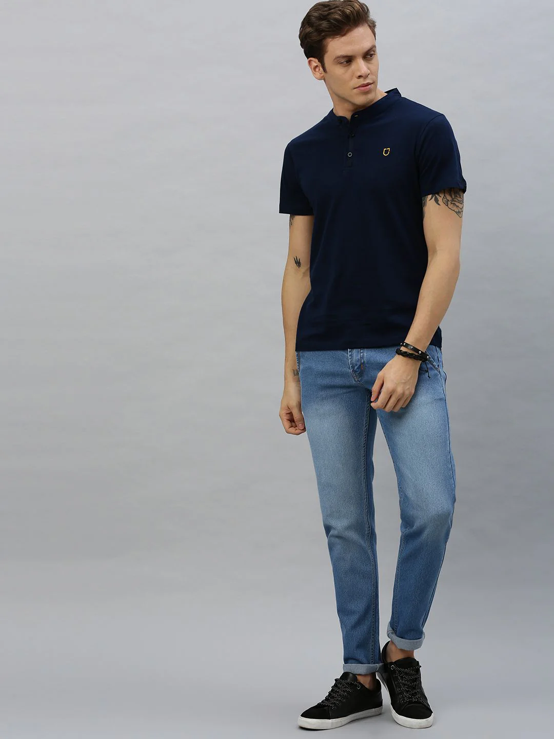 Urbano Fashion Men Navy Blue Solid Mandarin Collar Pure Cotton T-shirt - Image 6