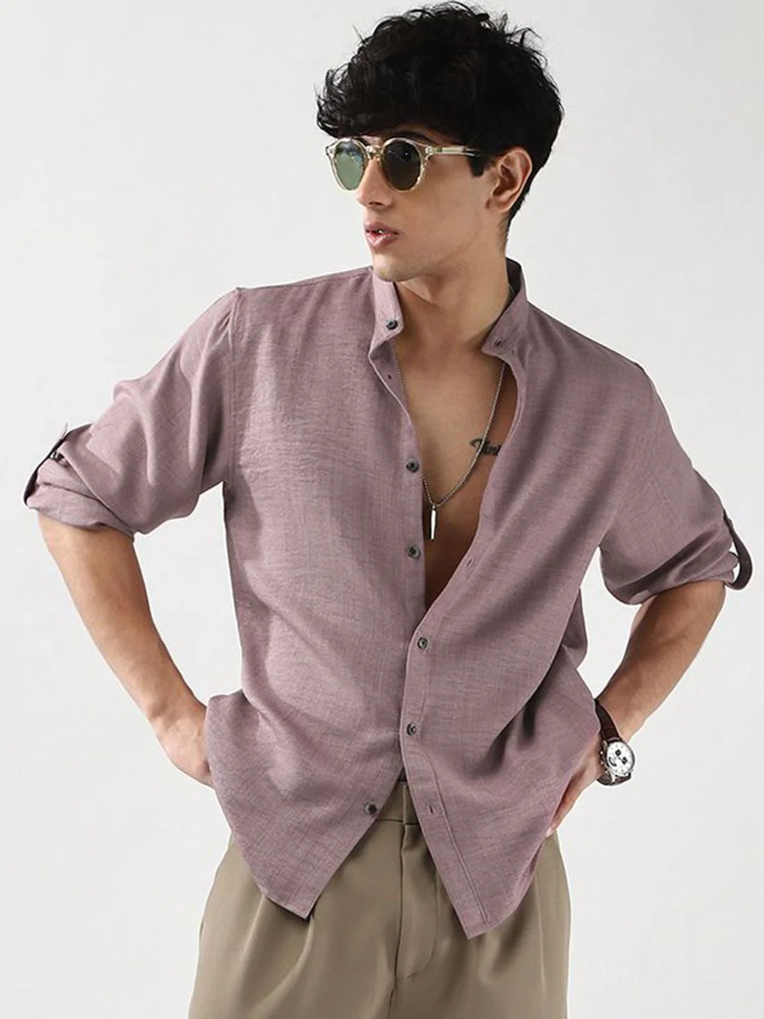 Urbano Fashion Men Purple Solid Linen Full Sleeve Relaxed Fit Mandarin Collar Casual Shirt - Image 2