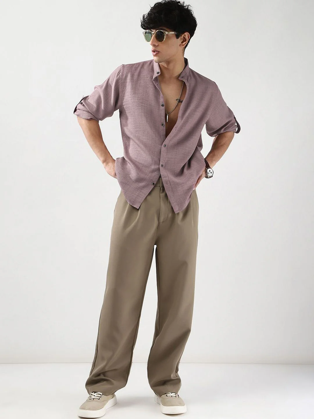 Urbano Fashion Men Purple Solid Linen Full Sleeve Relaxed Fit Mandarin Collar Casual Shirt - Image 6