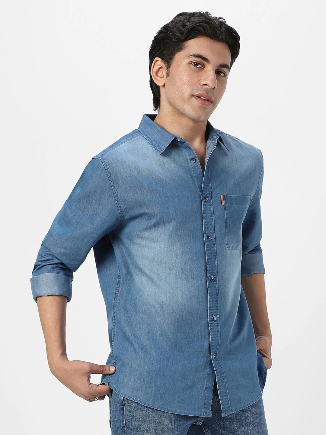 Urbano Fashion Men Spread Collar Solid Denim Casual Shirt - Image 3
