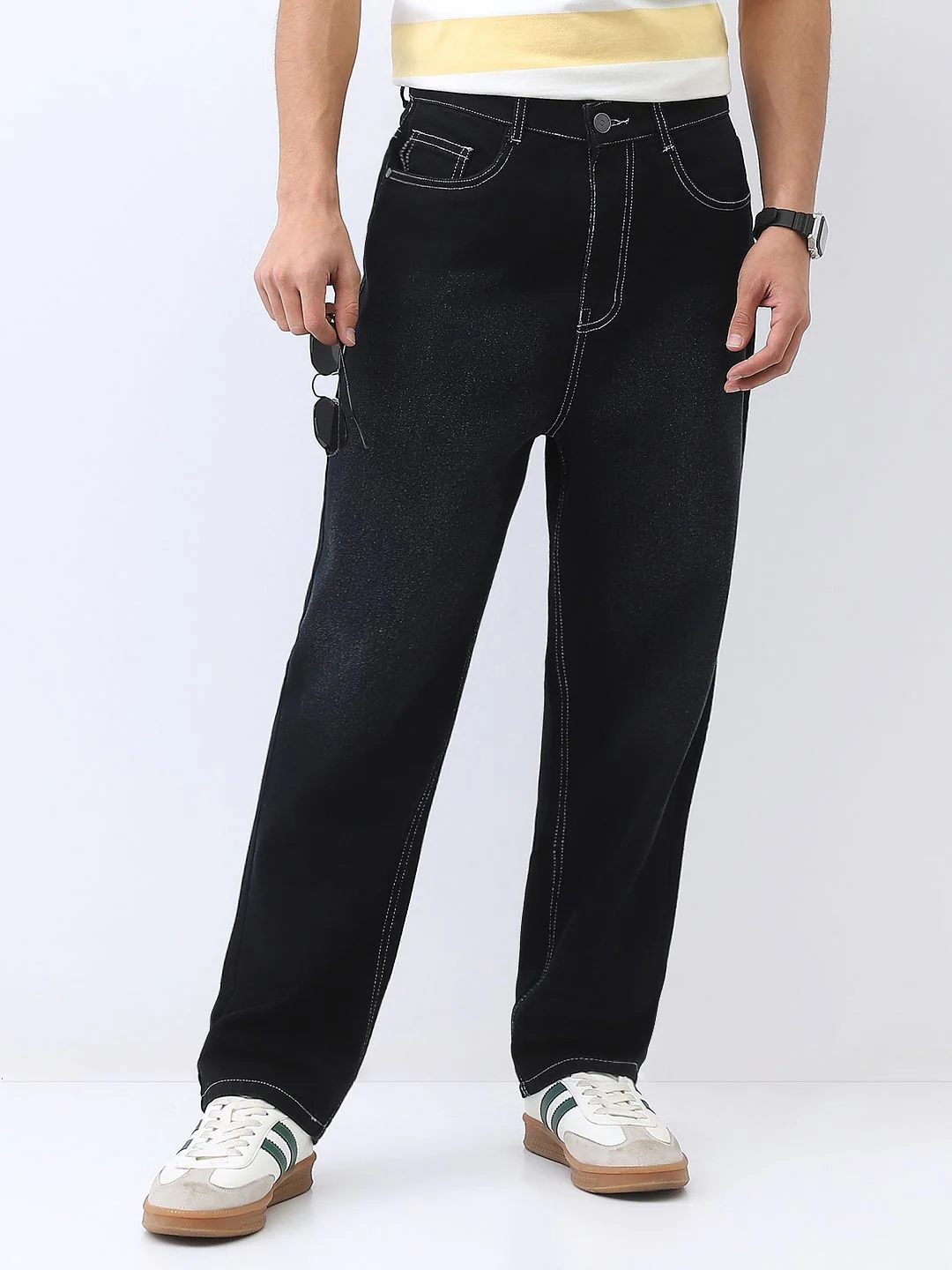 Urbano Fashion Men's Black Loose Baggy Fit Washed Jeans - Image 2