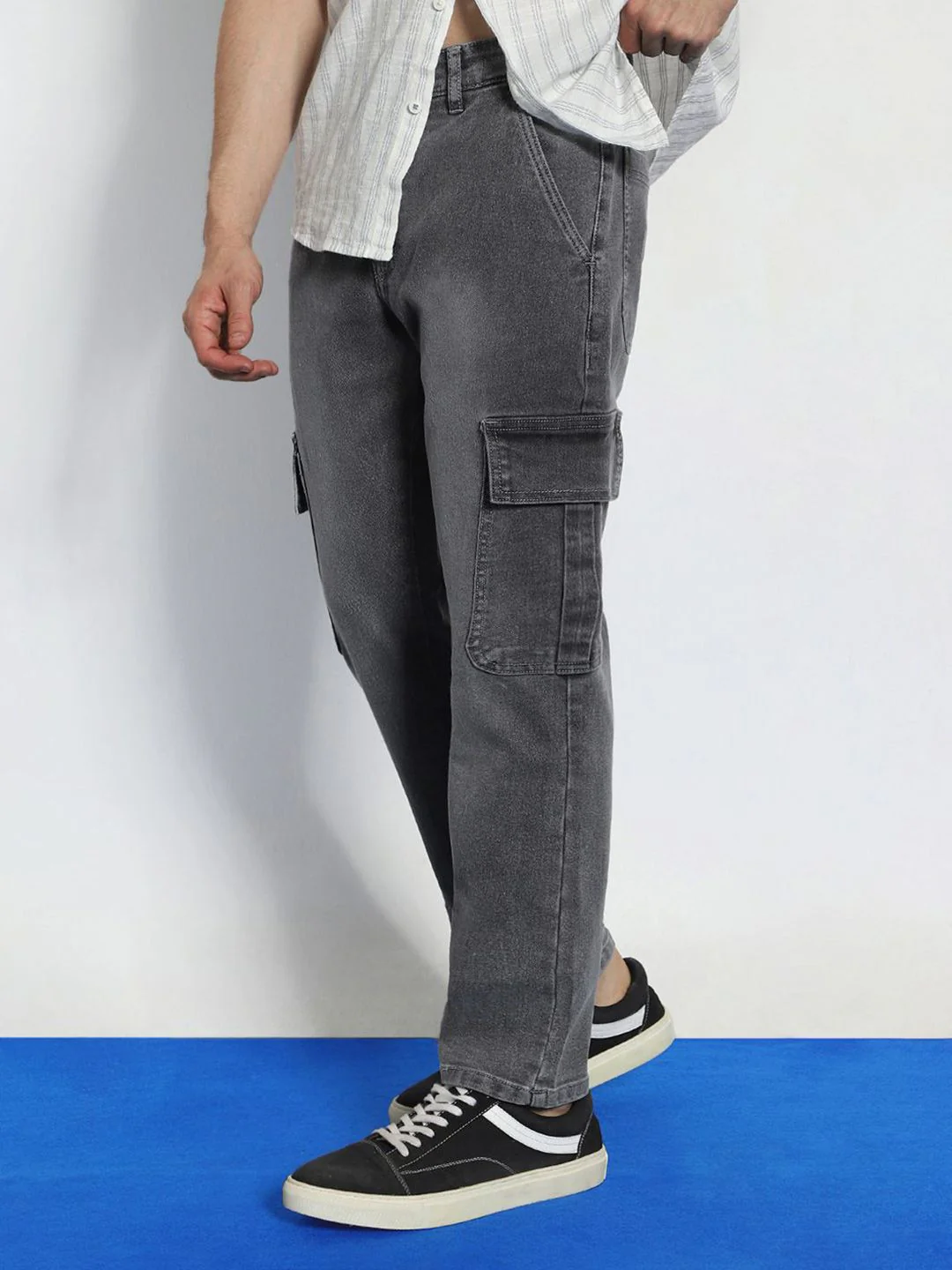 Urbano Fashion Men's Light Grey Regular Fit Washed Cargo Jeans With 6 Pockets Stretchable - Image 2
