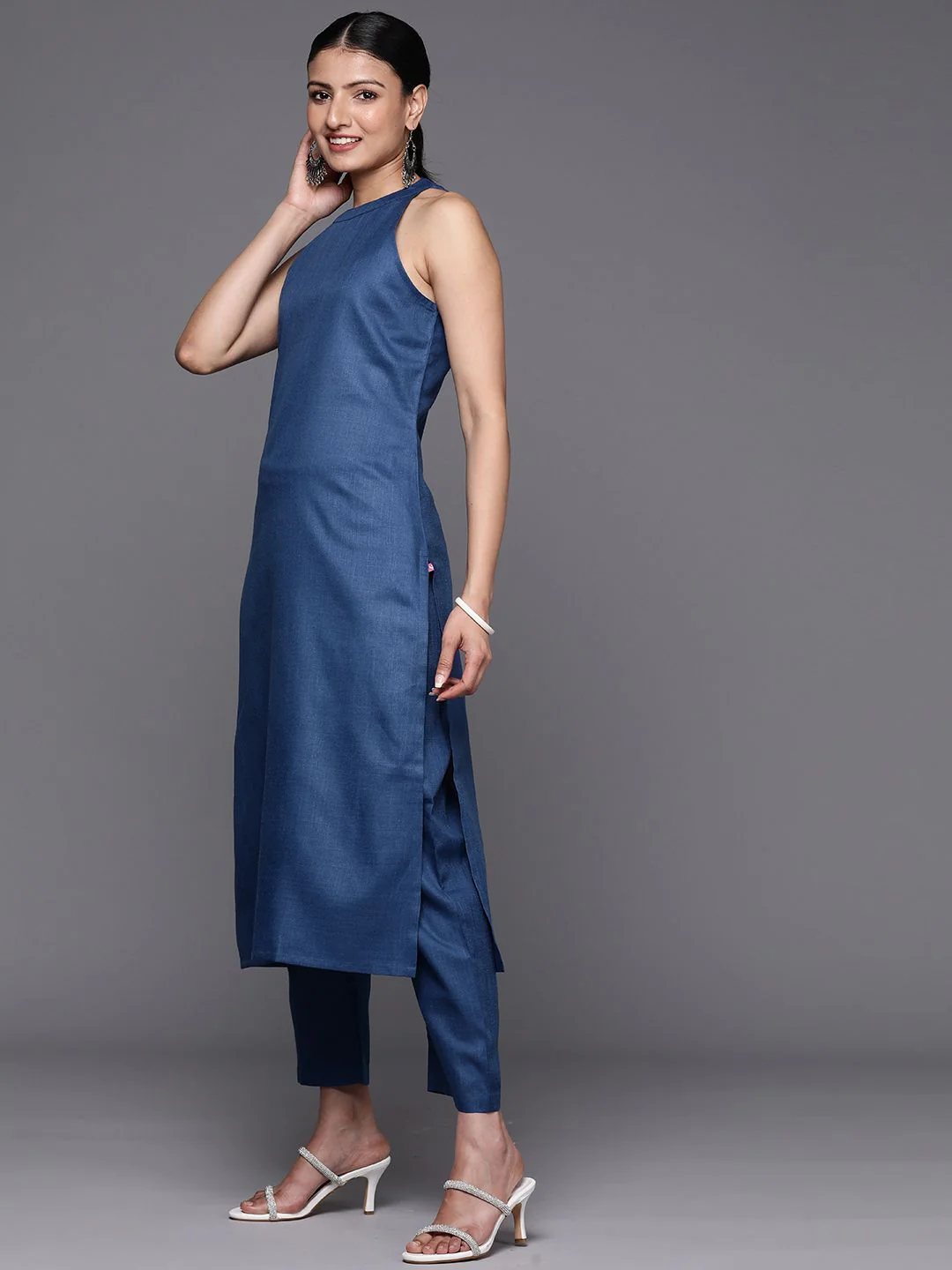 Varanga Blue Sleeveless Halter Neck Straight Kurta with Trouser & Bandhani Printed Dupatta - Image 6