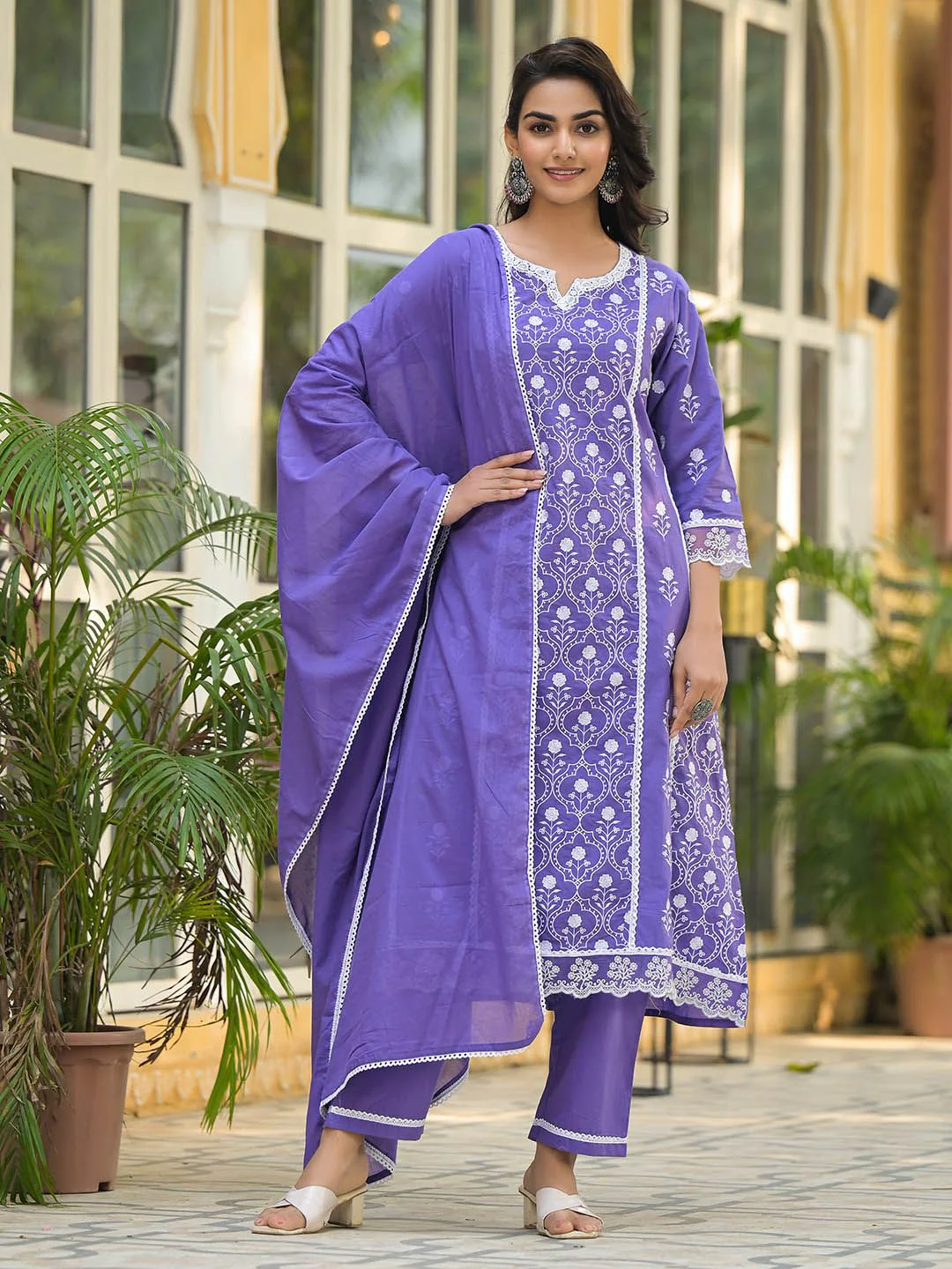 Varanga Floral Embroidered Notch Neck Pure Cotton Kurta With Trousers & Dupatta - Image 6