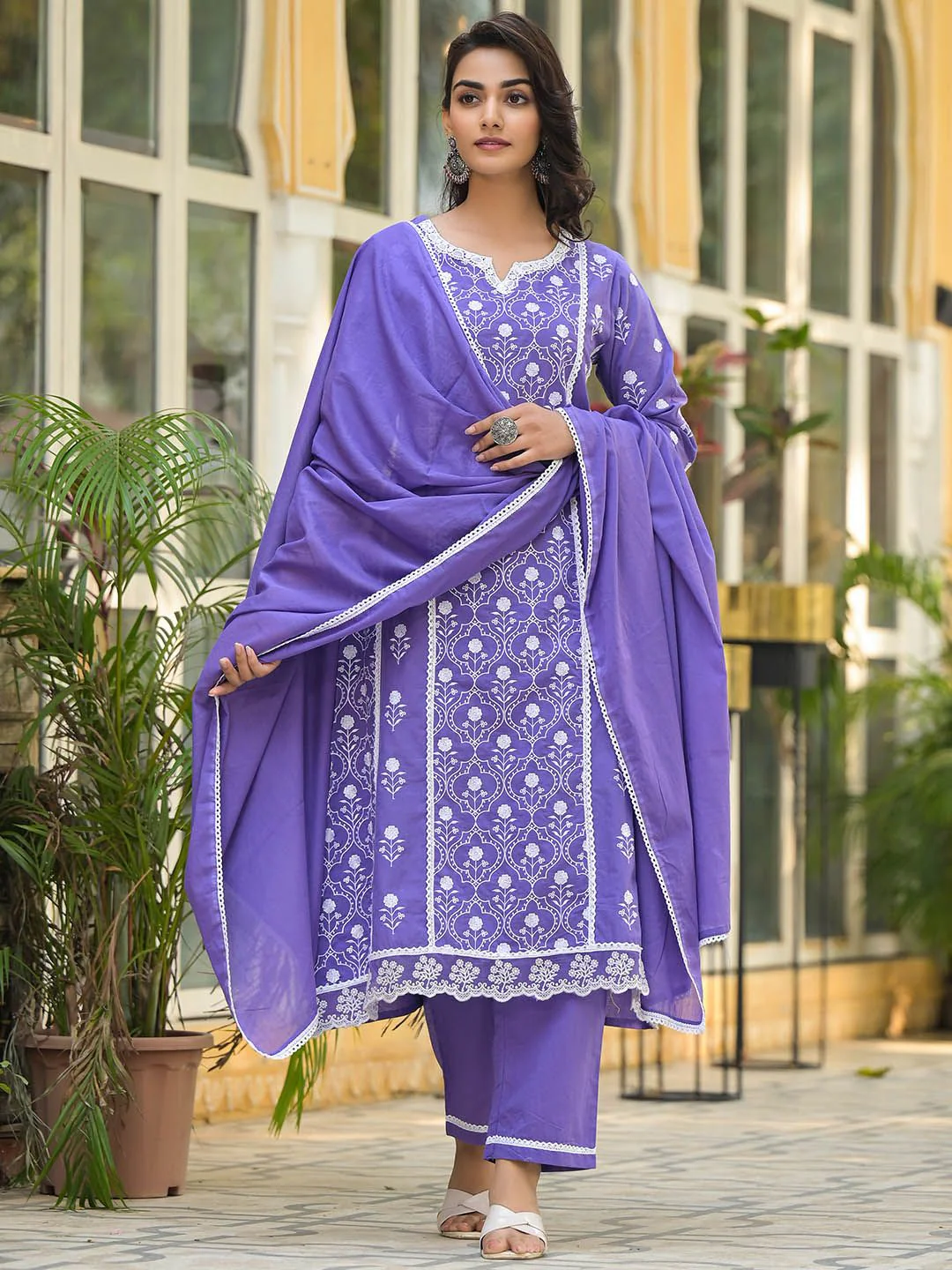 Varanga Floral Embroidered Notch Neck Pure Cotton Kurta With Trousers & Dupatta - Image 7