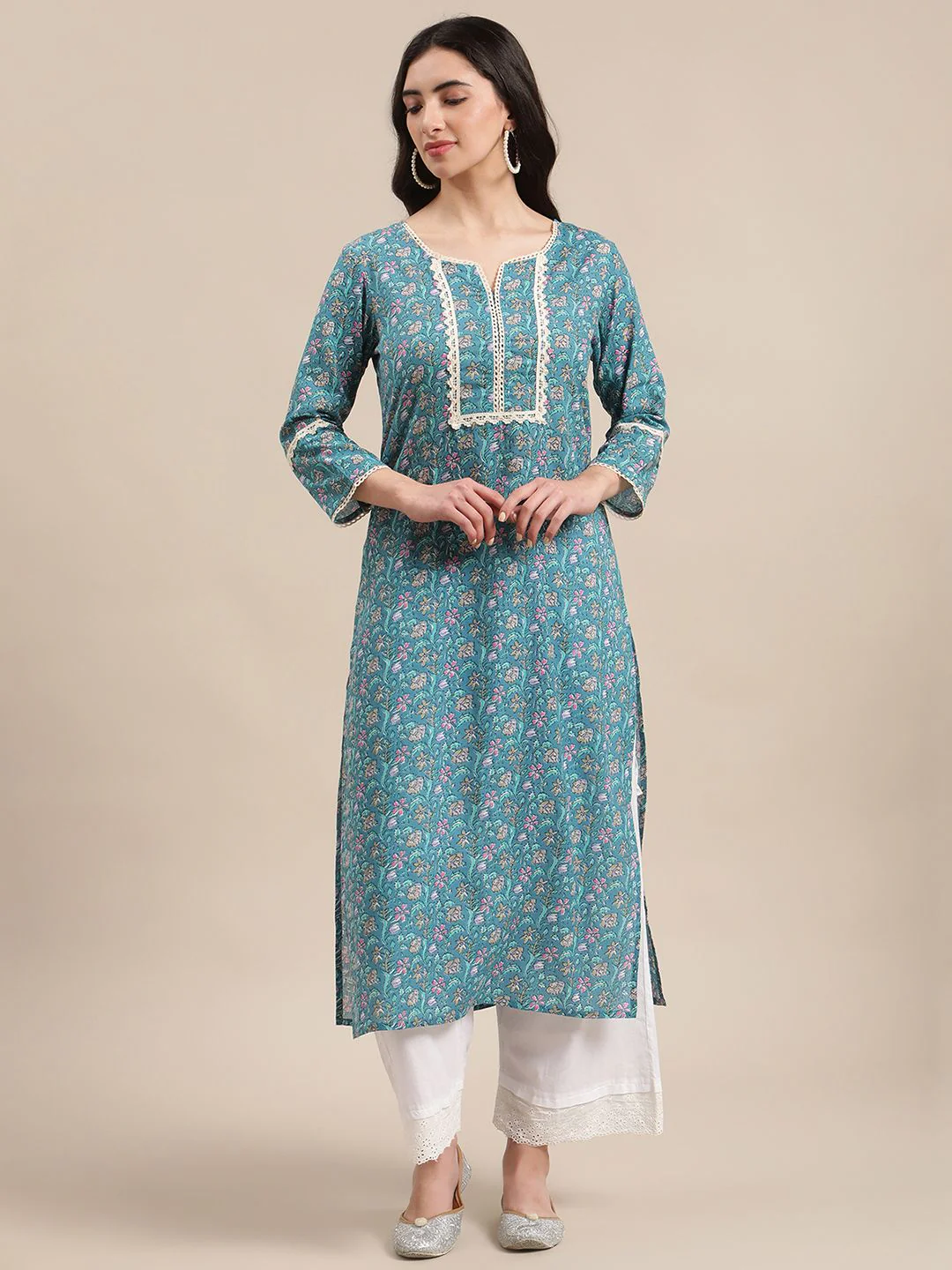 Varanga Women Blue Jaipuri Floral Print Pure Cotton Lace Detailed Kurta - Image 2
