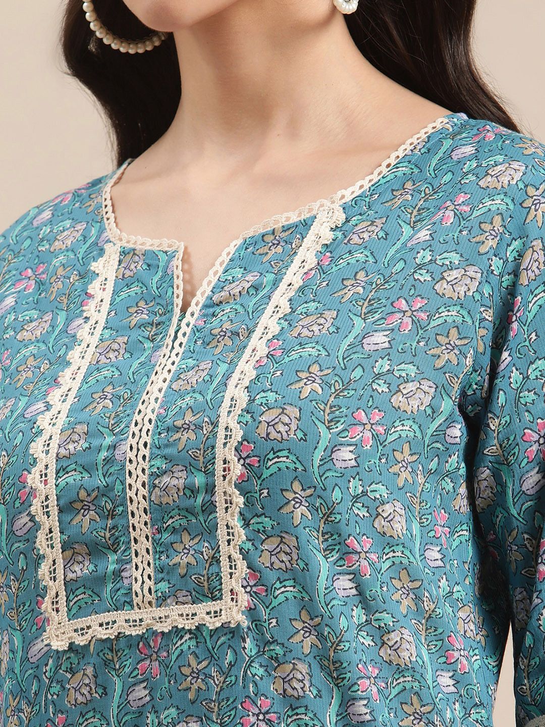 Varanga Women Blue Jaipuri Floral Print Pure Cotton Lace Detailed Kurta - Image 3