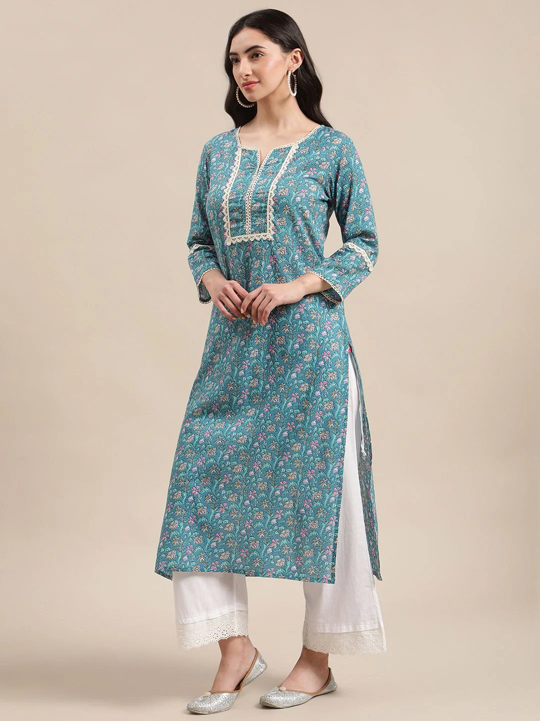 Varanga Women Blue Jaipuri Floral Print Pure Cotton Lace Detailed Kurta - Image 4