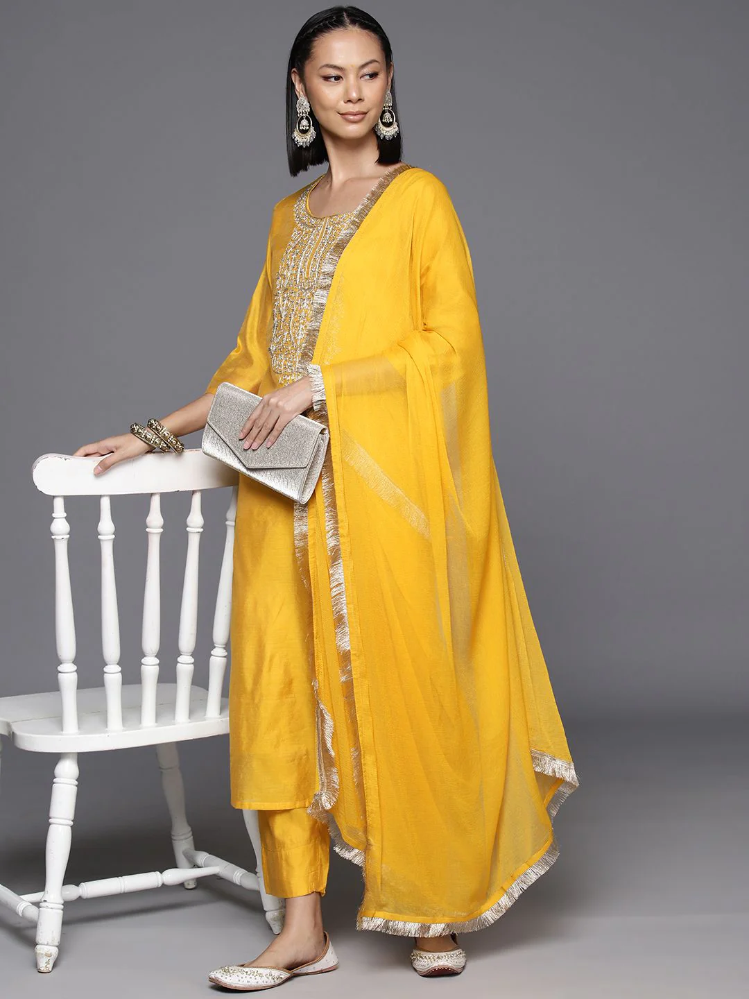 Varanga Women Ethnic Motifs Embroidered Chanderi Silk Kurta with Trousers & With Dupatta - Image 7