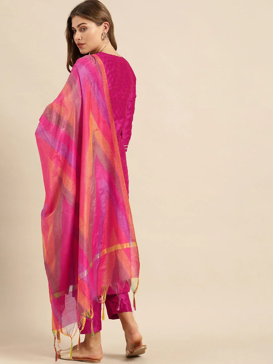 Varanga Women Magenta & Gold-Toned Embroidered Kurta with Trousers & Dupatta - Image 6