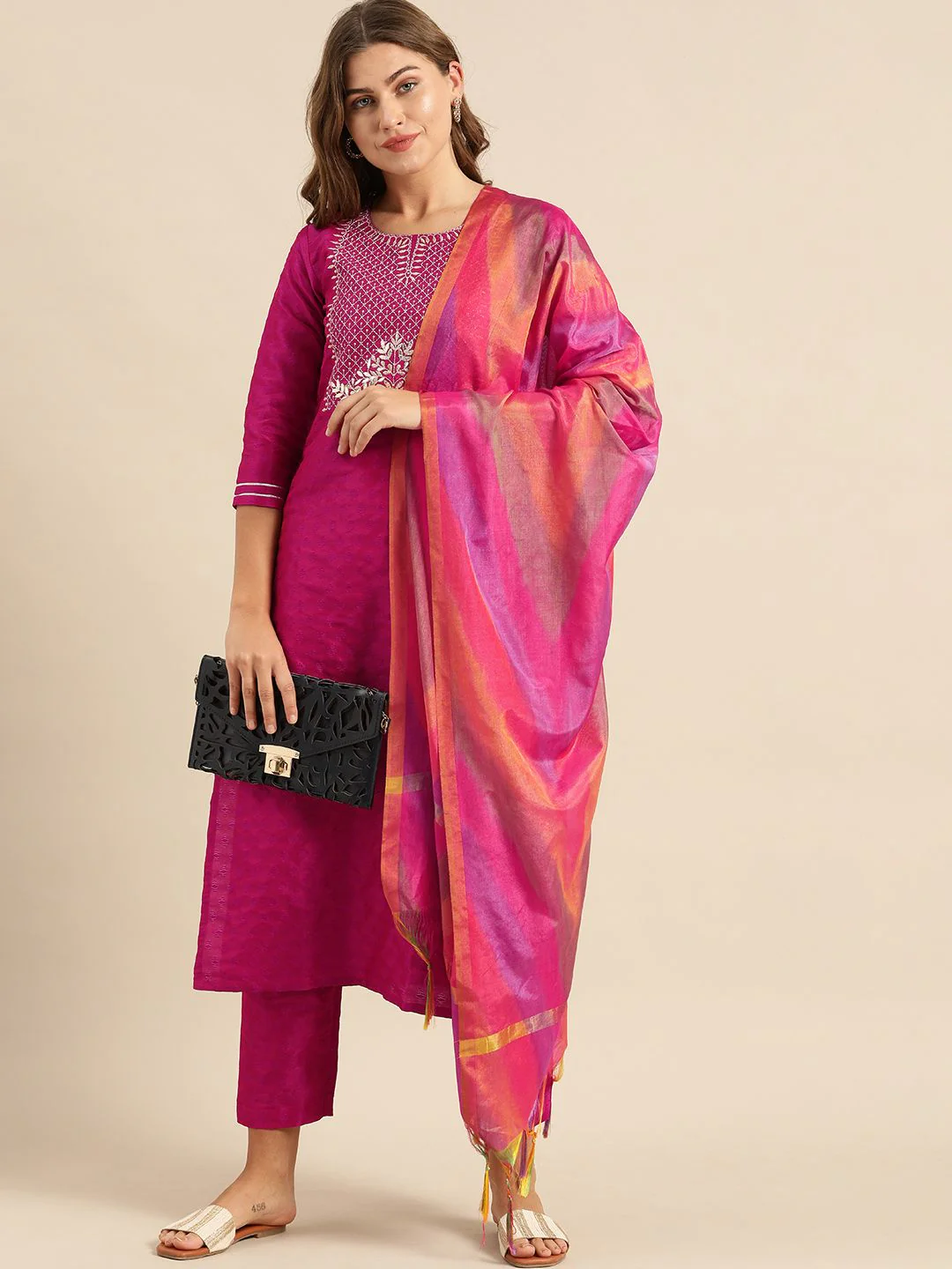 Varanga Women Magenta & Gold-Toned Embroidered Kurta with Trousers & Dupatta - Image 7