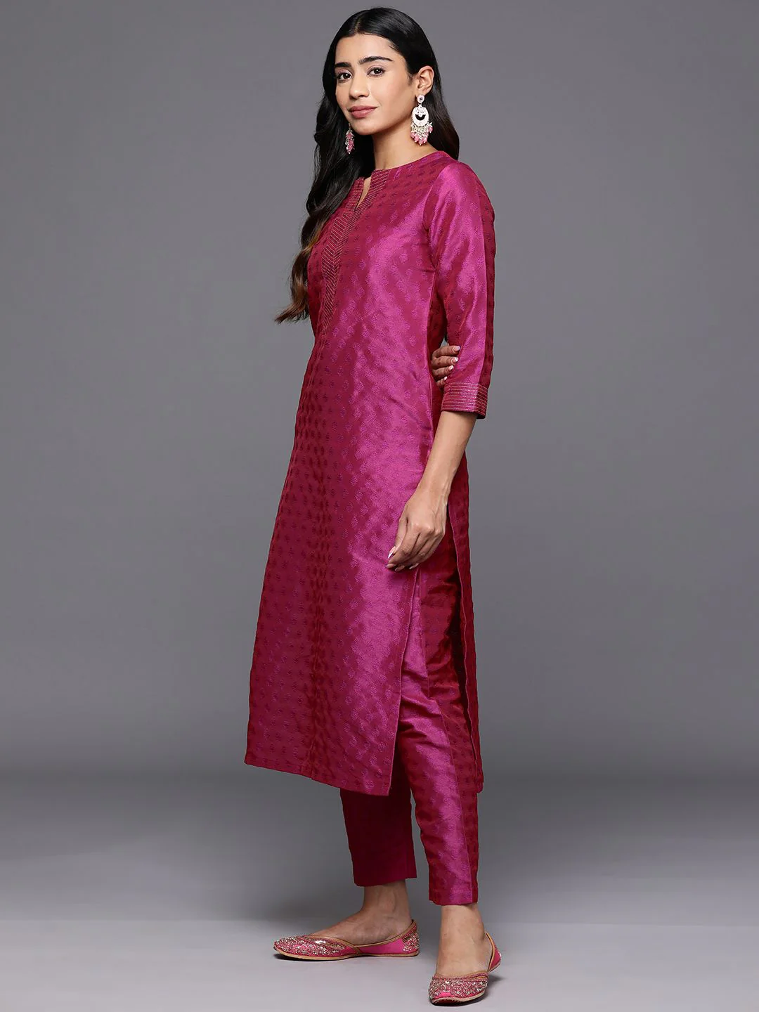 Varanga Women Pink Zari Work textured Kurta with Trouser and Printed Dupatta - Image 6