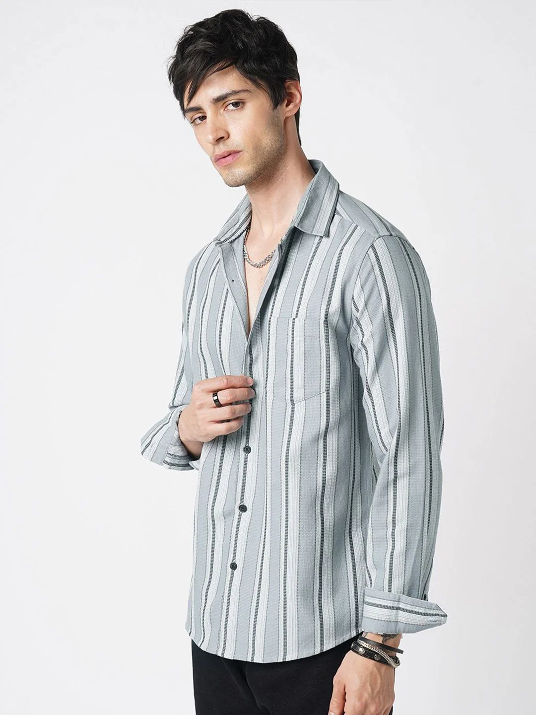 VASTRADO Men Classic Slim Fit Vertical Striped Spread Collar Cotton Casual Shirt - Image 3