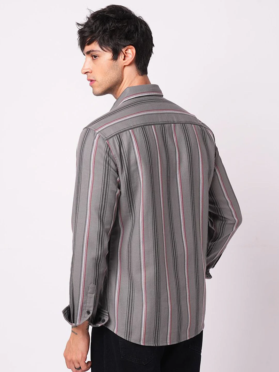 VASTRADO Men Classic Slim Fit Vertical Striped Spread Collar Cotton Casual Shirt - Image 5