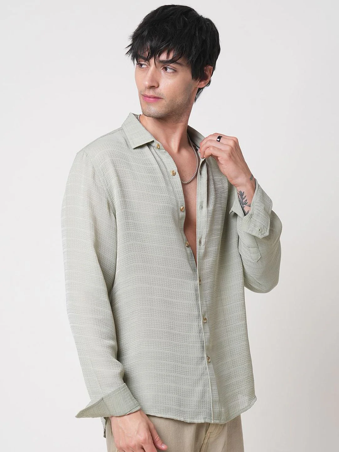 VASTRADO Men Classic Spread Collar Textured Slim Fit Casual Shirt - Image 5