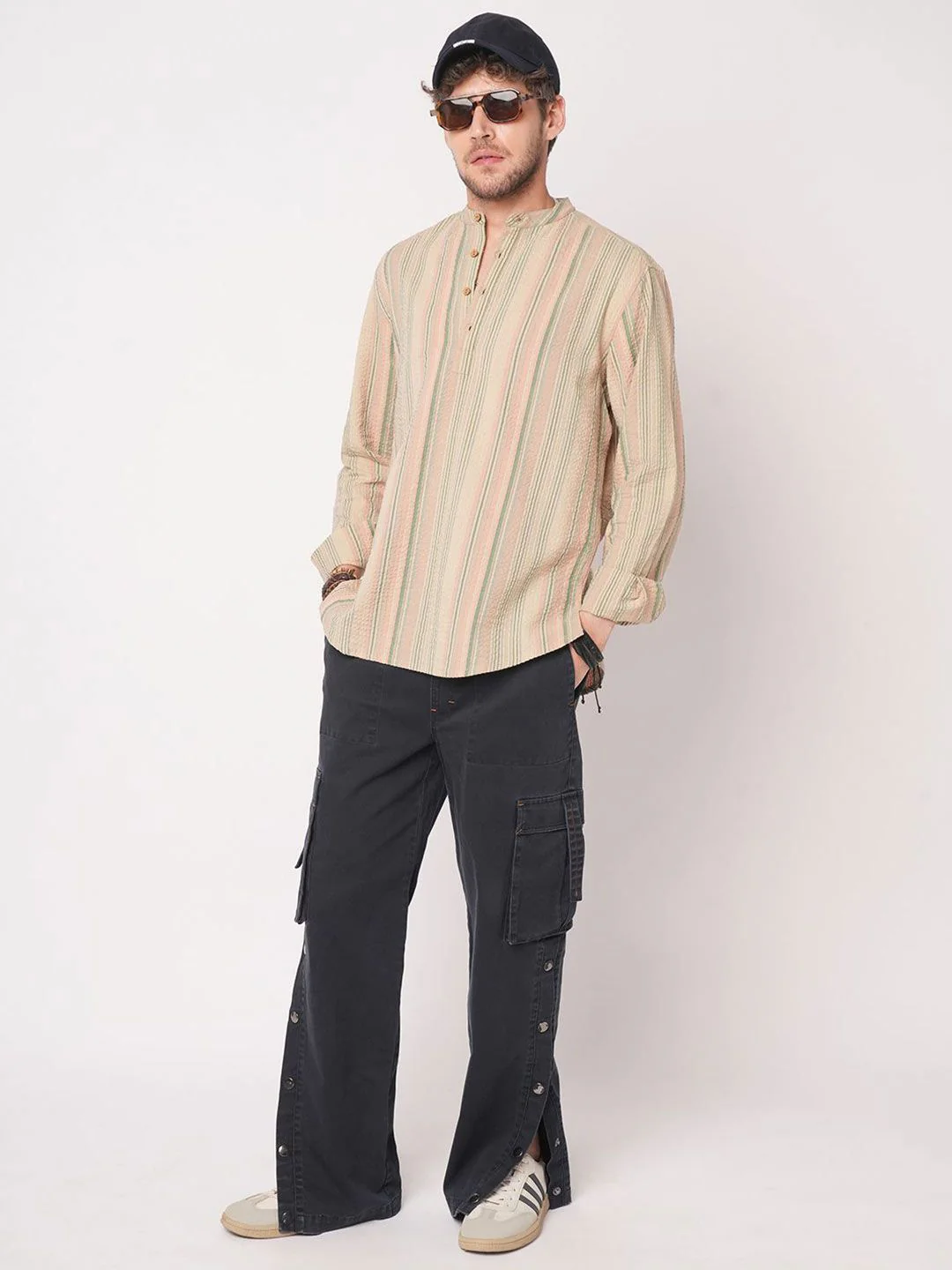 VASTRADO Men Striped Band Collar Straight Cotton Kurta - Image 6