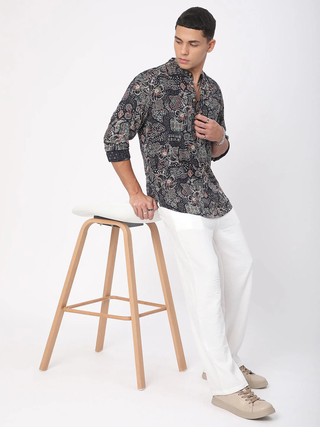 VASTRADO Picturesque Abstract Printed Band Collar Straight Kurta - Image 4