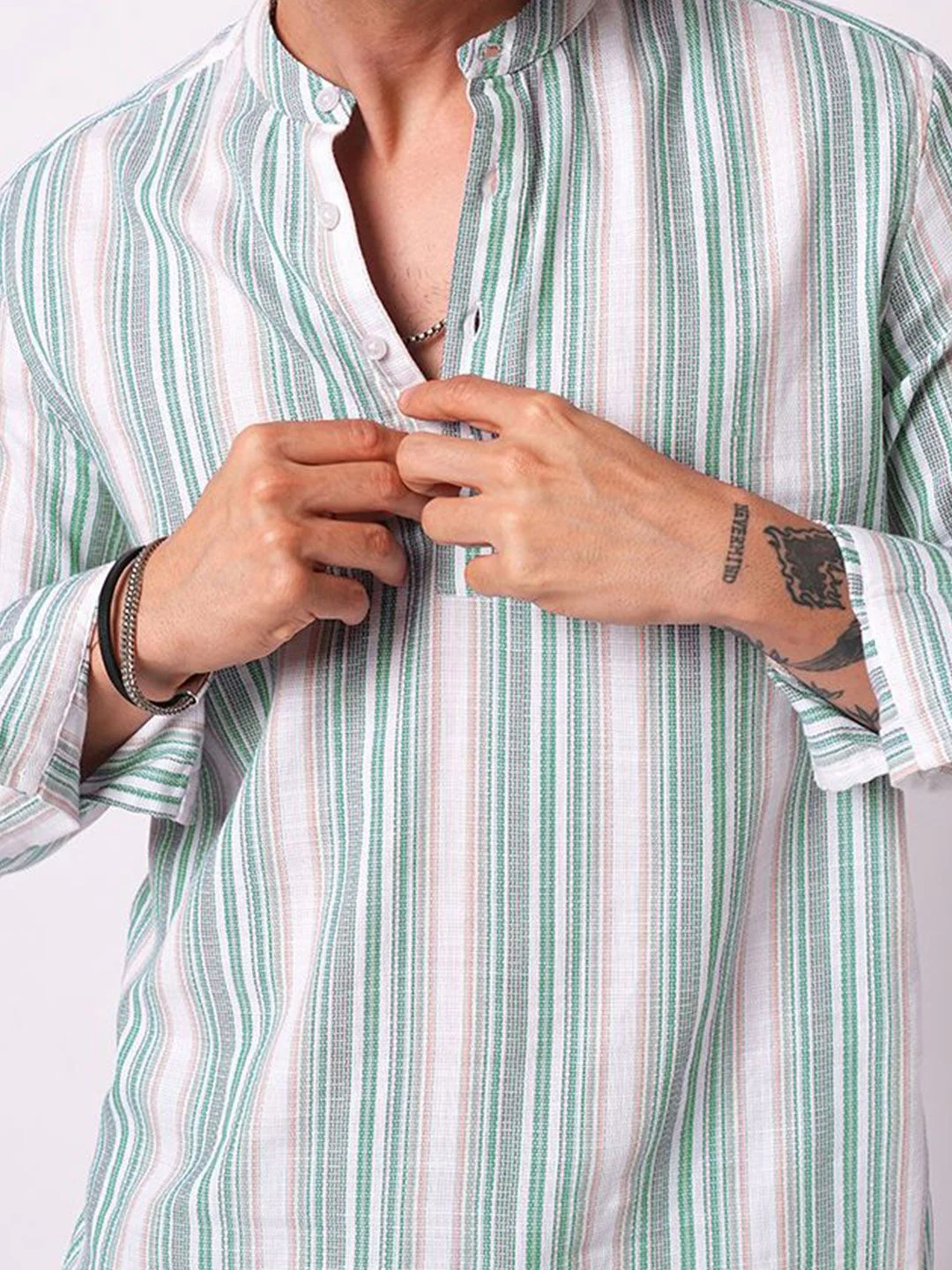 VASTRADO Retro Shoreline Azure Striped Band Collar Cotton Kurta - Image 2