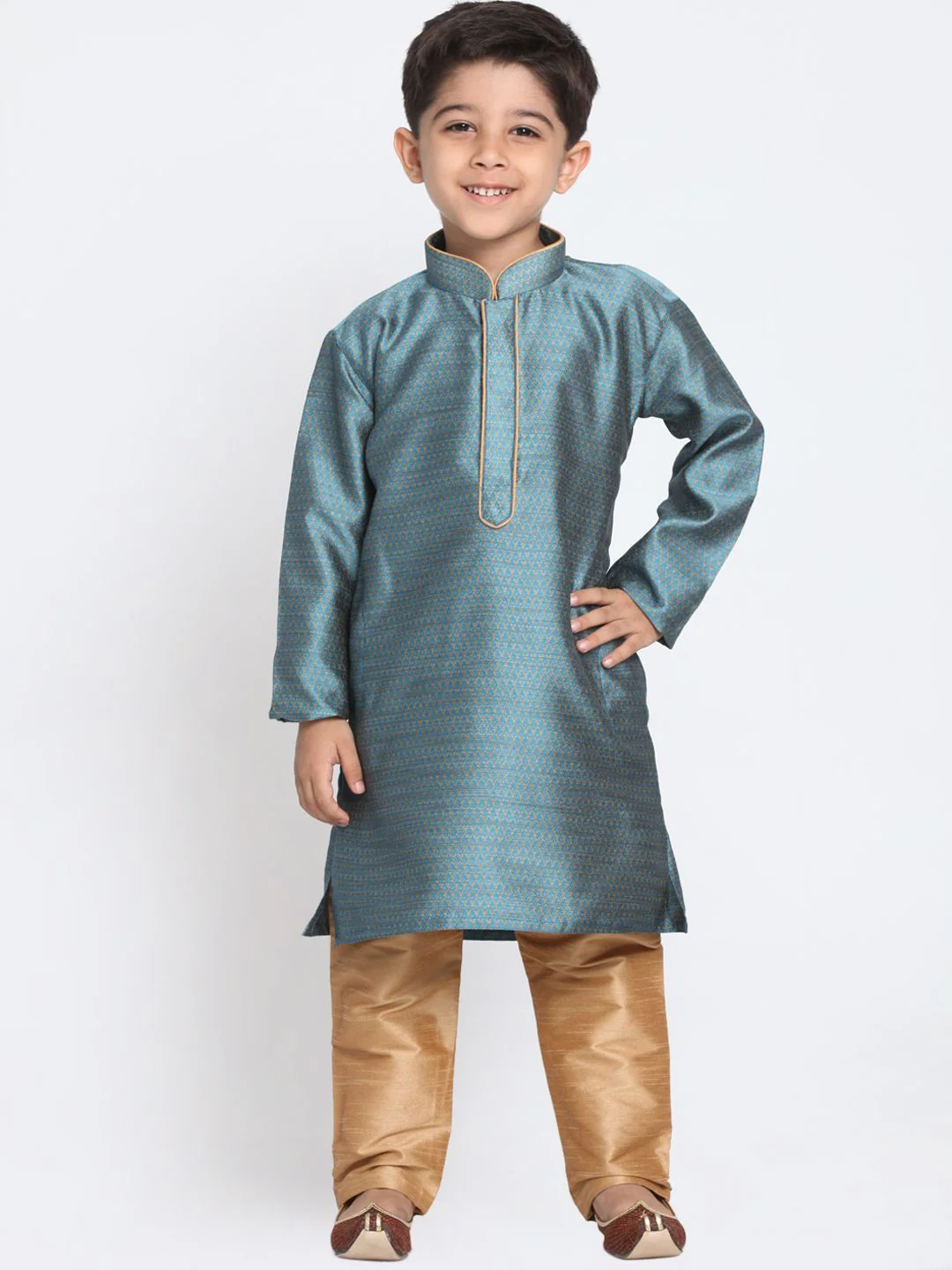 VASTRAMAY Boys Blue & Beige Self Design Kurta with Churidar