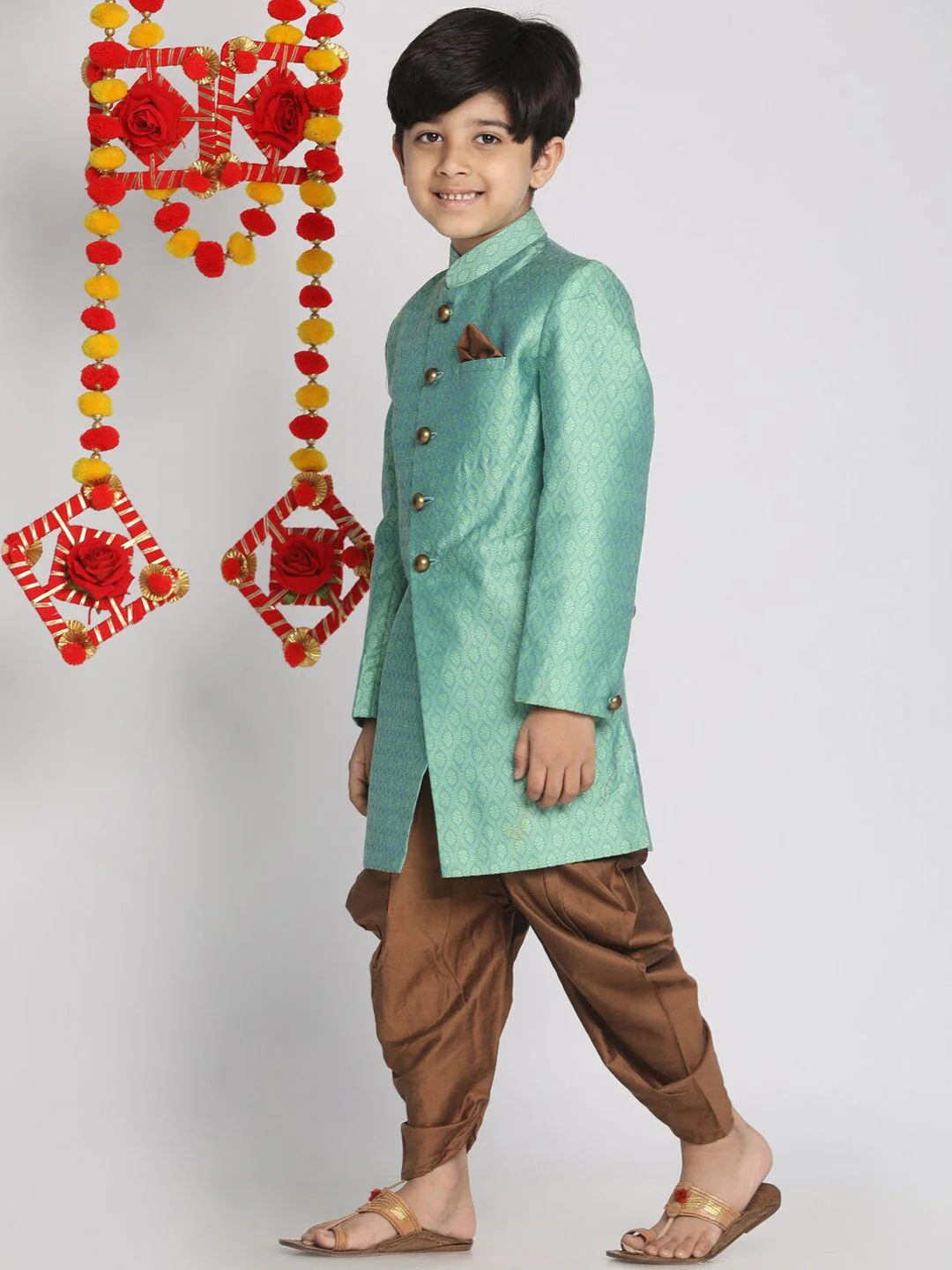 Vastramay Boys' Green And Coffee Brown Indowestern Sherwani and Cowl Dhoti Pant Set - Image 4