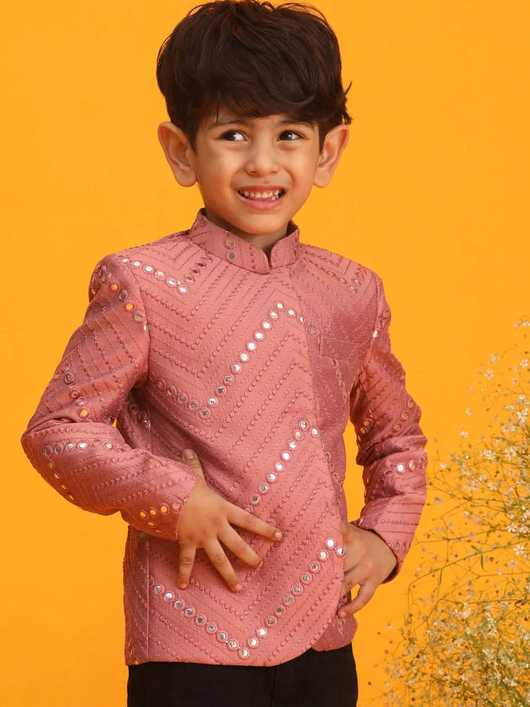 VASTRAMAY Boys Mirror Work Embroidered Slim-Fit Bandhgala Ethnic Blazer - Image 3