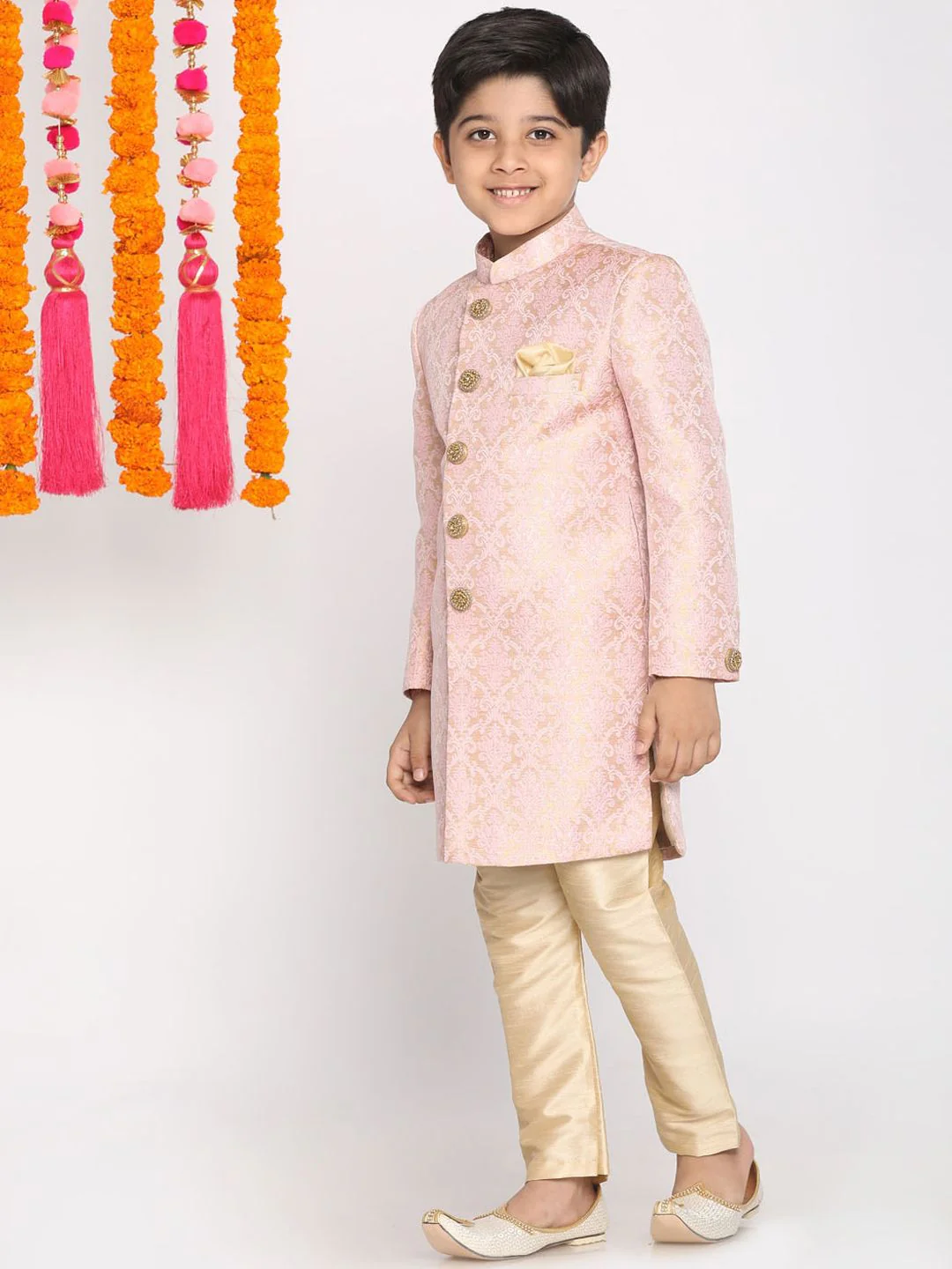 VASTRAMAY Boys Pink & Gold-Coloured Woven-Design Brocade Slim Fit Sherwani Set - Image 5