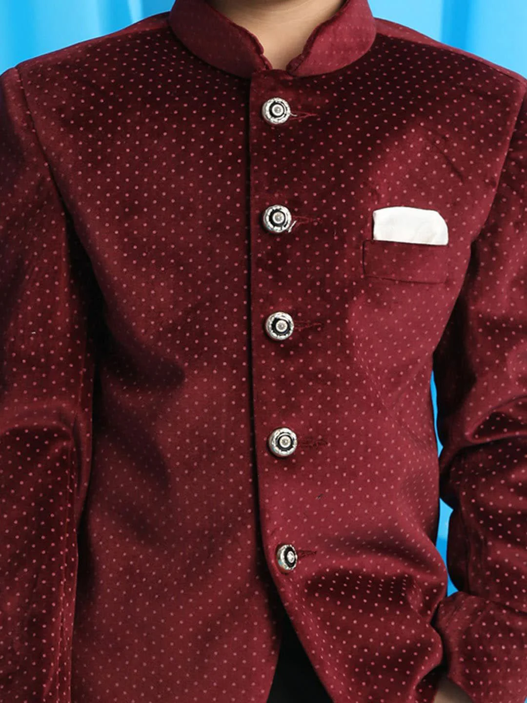 VASTRAMAY Boys Polka Dot Printed Slim-Fit Bandhgala Party Blazer - Image 3
