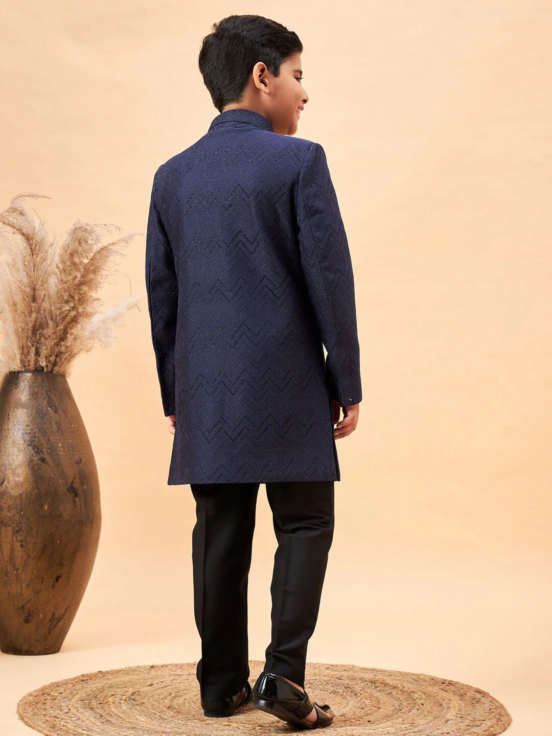 VASTRAMAY Boys Self Design Mandarin Collar Glitter Indo Western Sherwani Set - Image 6