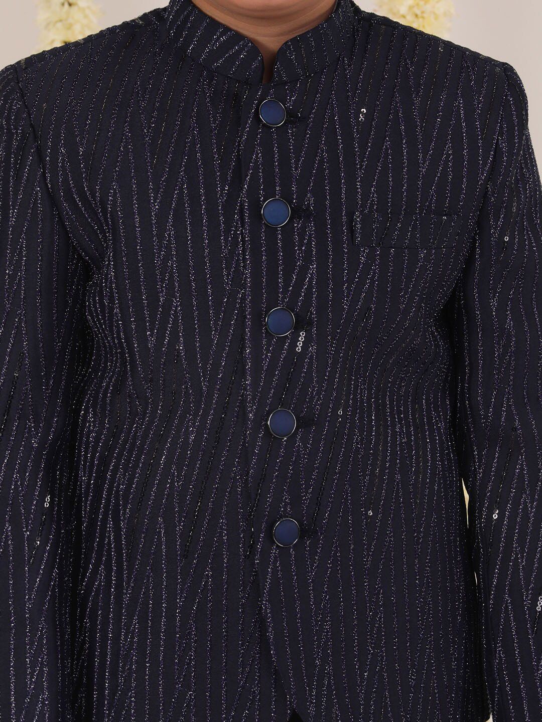VASTRAMAY Boys Self-Design Mandarin Collar Slim-Fit Single-Breasted Bandhgala Blazer - Image 2