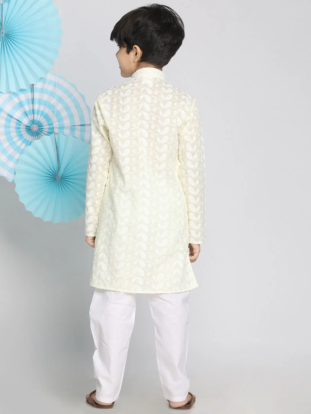 VASTRAMAY Boys Yellow & White Self Design Kurta with Pyjamas - Image 4