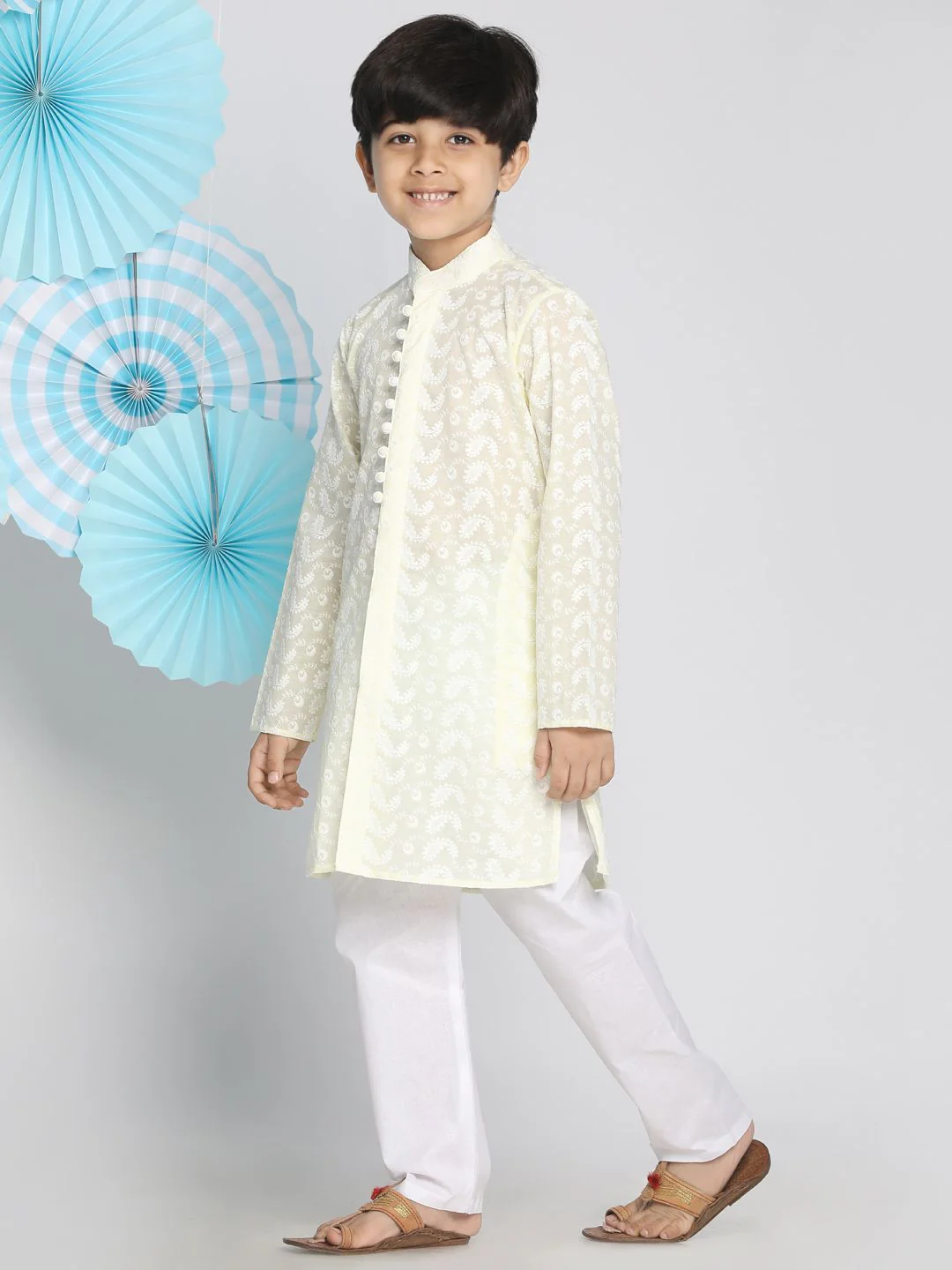 VASTRAMAY Boys Yellow & White Self Design Kurta with Pyjamas - Image 5