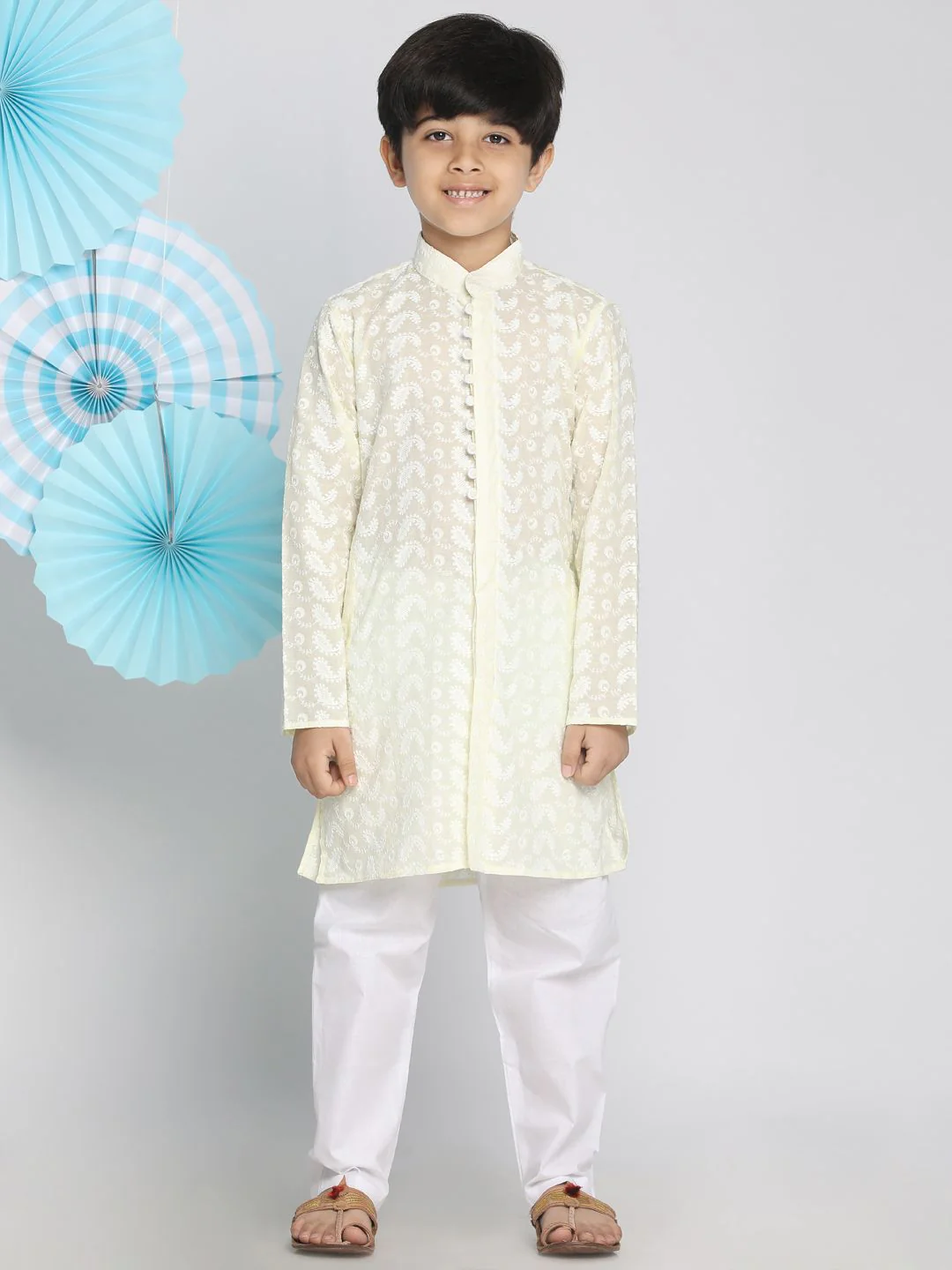 VASTRAMAY Boys Yellow & White Self Design Kurta with Pyjamas - Image 6