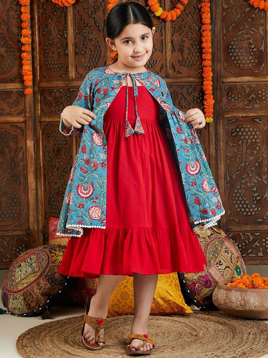 VASTRAMAY Cotton Fit & Flared Dress With Printed Jacket - Image 6