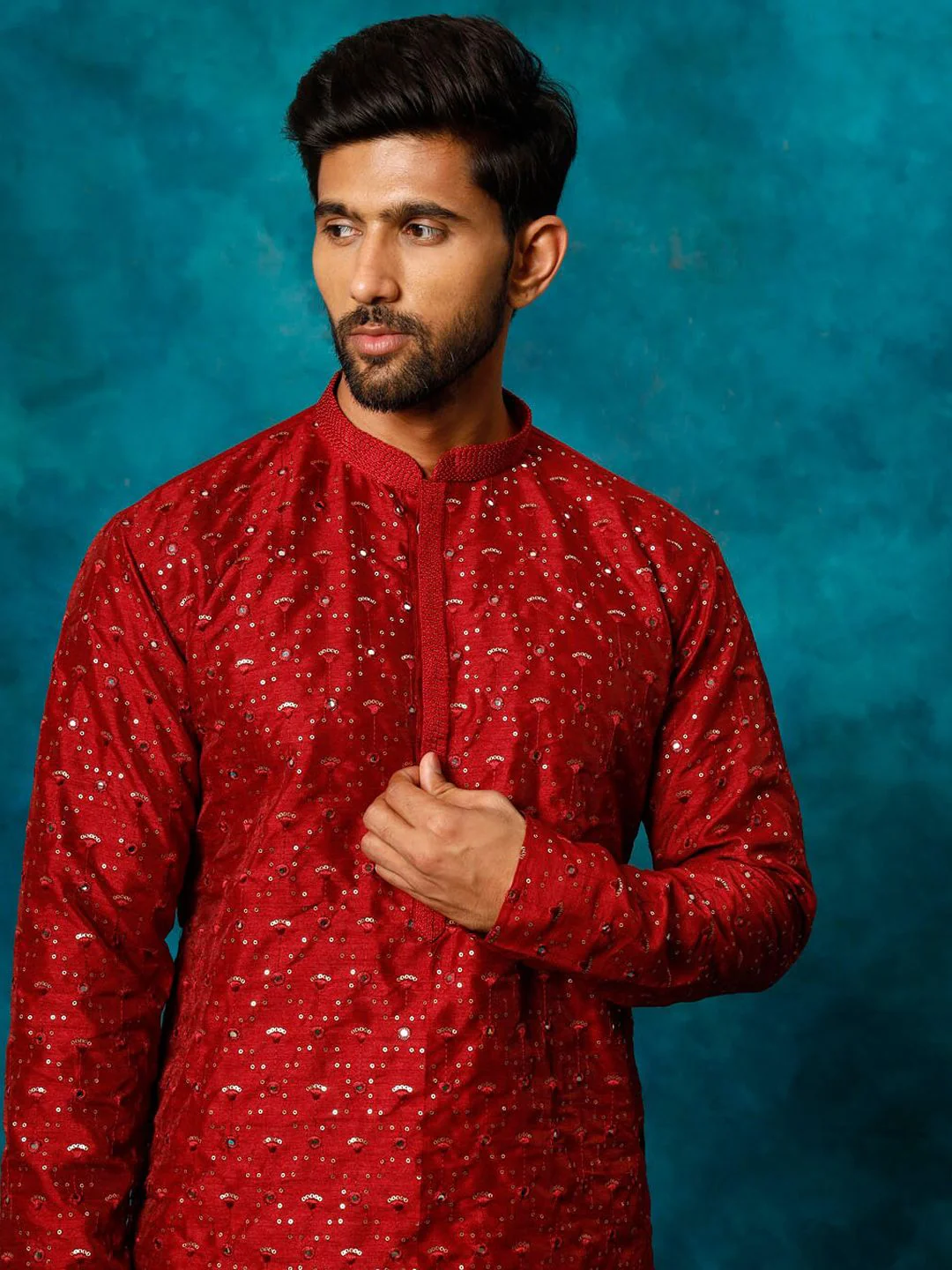 VASTRAMAY Embellished Mirror Work Mandarin Collar Straight Kurta - Image 2