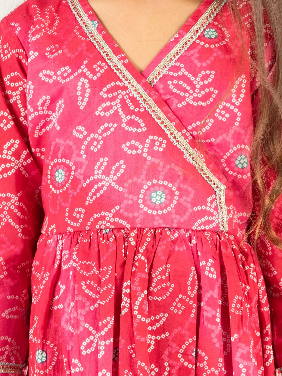 VASTRAMAY Girls Bandhani Printed Gotta Patti Cotton Fit & Flare Dress - Image 2