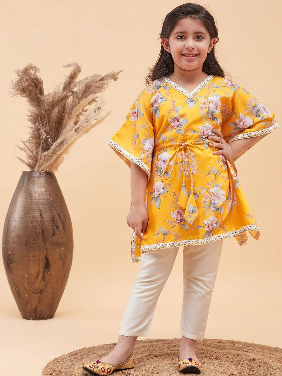 VASTRAMAY Girls Floral Printed Mirror Work Kaftan Kurta With Trousers - Image 6