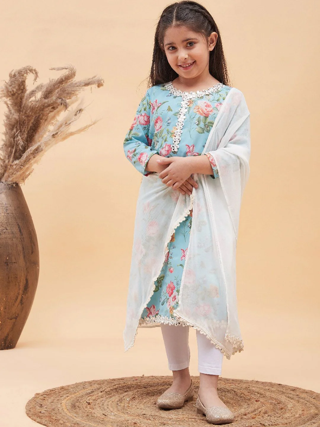VASTRAMAY Girls Floral Printed Mirror Work Kurta with Leggings & Dupatta - Image 6
