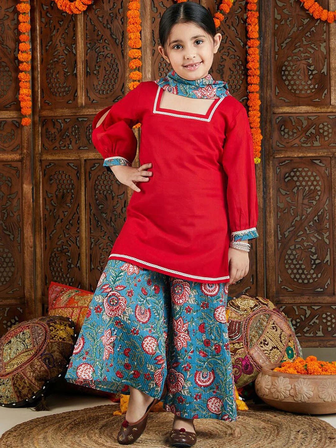 VASTRAMAY Girls Kantha Work Pure Cotton Kurti with Palazzos & Dupatta - Image 5