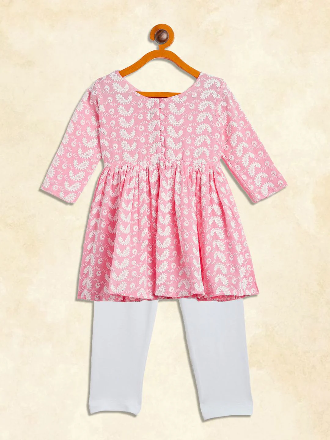 VASTRAMAY Girls Pink Ethnic Motifs Embroidered Empire Thread Work Pure Cotton Kurta with Trousers - Image 2
