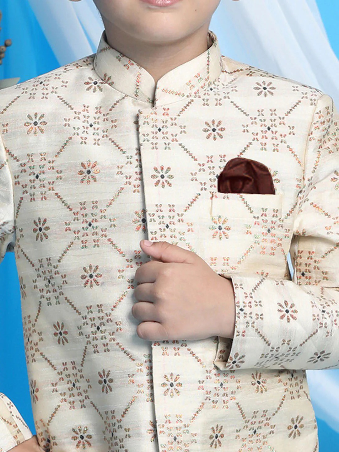 VASTRAMAY Infant Beige & Coffee Brown Woven-Design Sherwani Set - Image 2