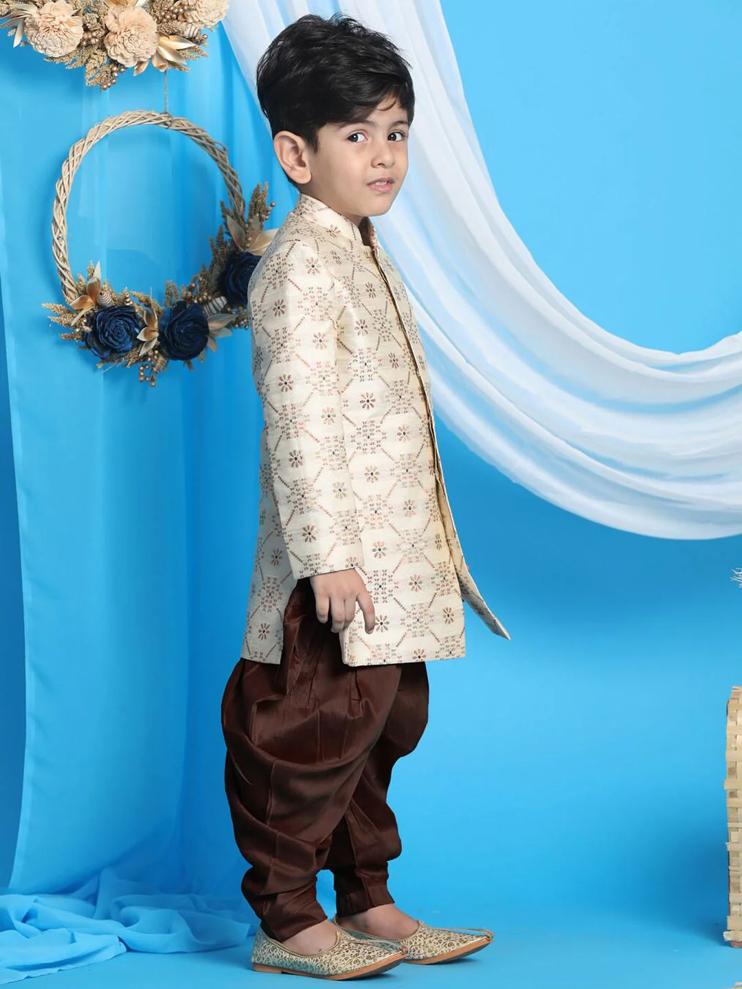 VASTRAMAY Infant Beige & Coffee Brown Woven-Design Sherwani Set - Image 4