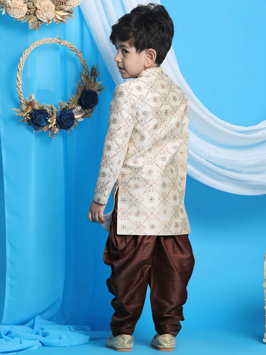 VASTRAMAY Infant Beige & Coffee Brown Woven-Design Sherwani Set - Image 5