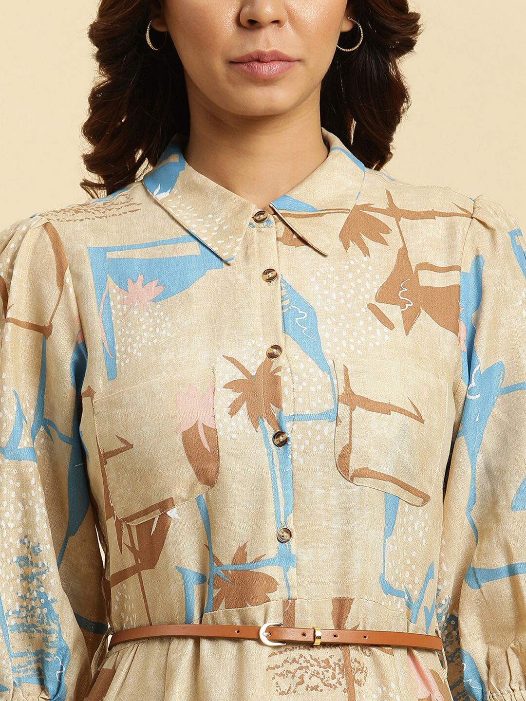 W Abstract Printed Belted Detailed Shirt Collar Puff Sleeves A-Line Maxi Dress - Image 2